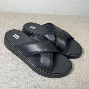 FitFlop Sandals Women 10 Black F Mode Crochet Trim Platform Slides Walk Comfort